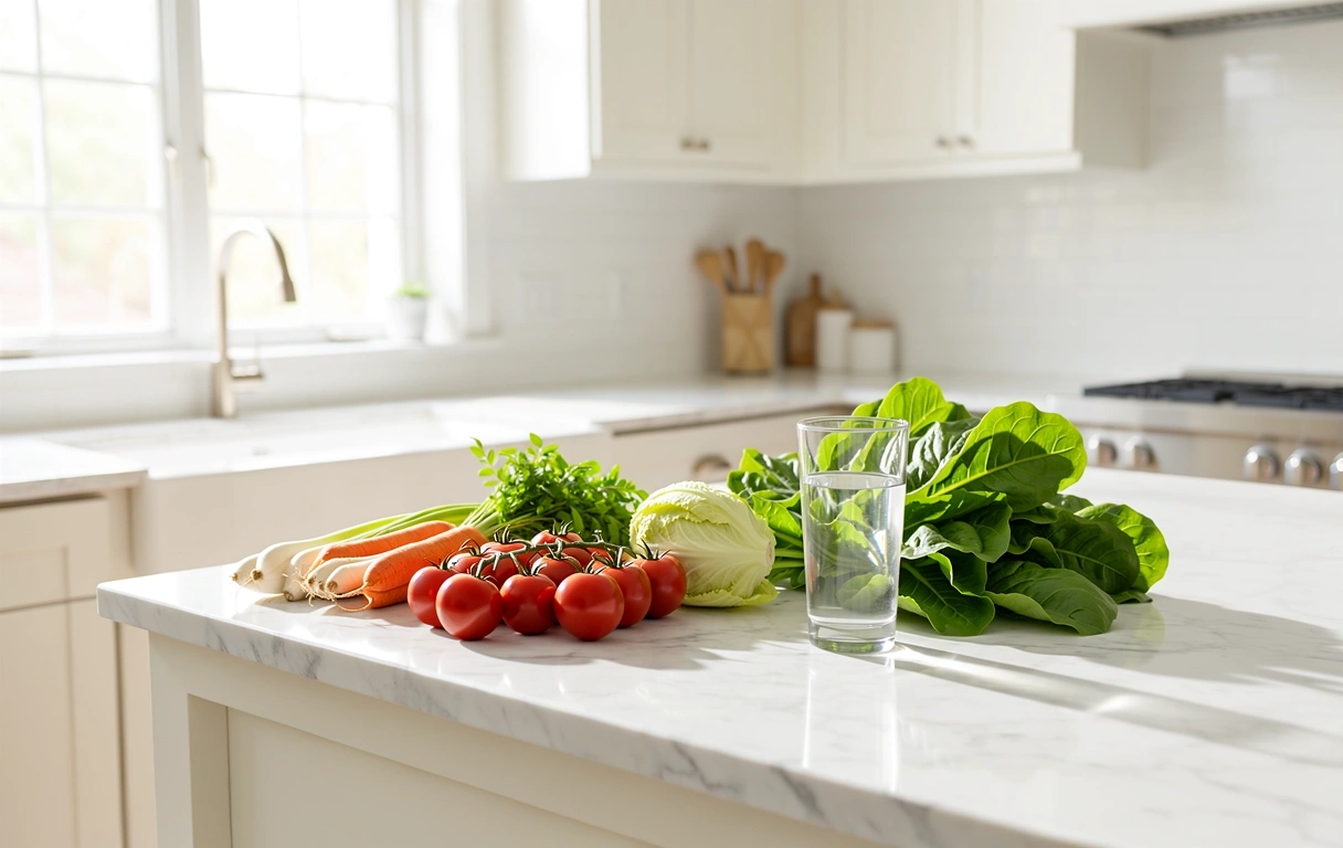 Frische gesunde Lebensmittel in einer hellen Küche